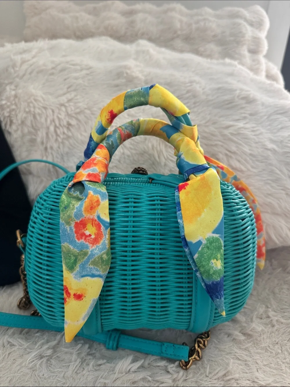 Turquoise Woven Crossbody Bag with Colorful Scarf Accent